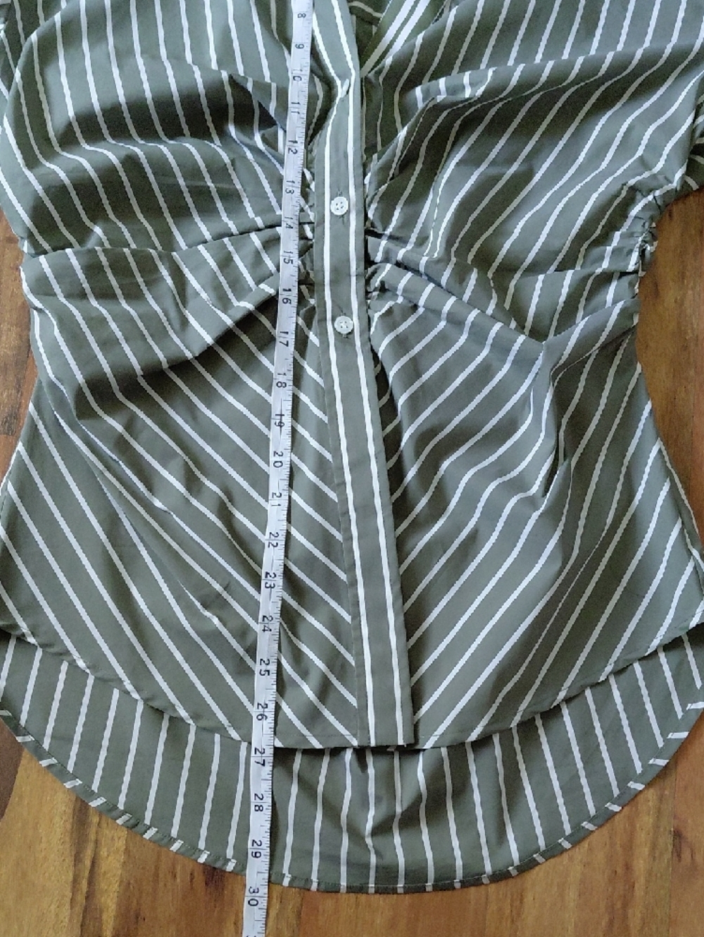 Veronica Beard Green Devra Ruched Striped Stretch-Cotton Button-Front Top - Picture 12 of 12